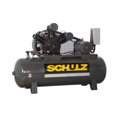 Brand New: Schulz 10 HP Piston/Two Stage Compressor World Latin America, 40 CFM, 175 PSI, 120 Gallon Horizontal Air Tank 230 Volt, 3-Phase 

Cast Iron Construction

ASME Powder Coated Tank and Safety Valve
Magnetic Starter Mounted