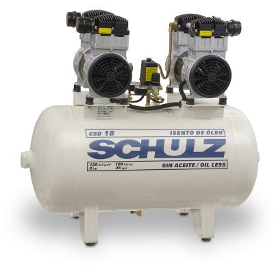 Schulz Oil Less CSD 18/30, Duplex 1.5 HP Oilless Compressor World Latin America 18 CFM, 120 PSI, 220/1/60, 30 Gallon Air Tank