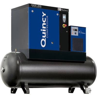 20 HP Quincy QGS-20s 17 TMD Rotary Screw Compressor World Latin America 120 Gallon Air Tank & Refrigerated Air Dryer 208-230/460-Volt